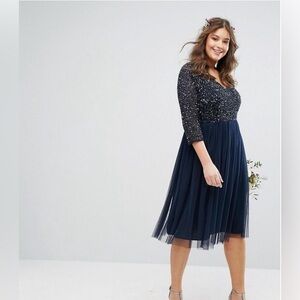 Lovedrobe Luxe Long Sleeve V Neck Midi Dress W/ Delicate Sequin And Tulle Skirt